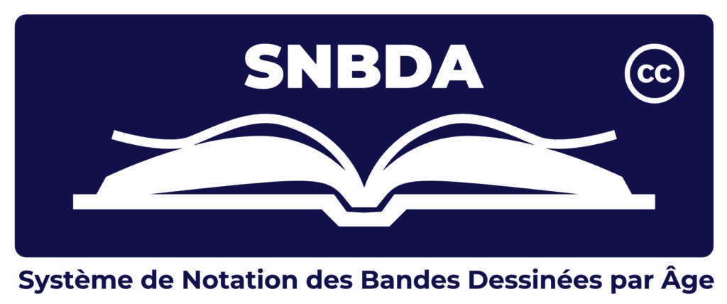 Logo SNBDA : livre ouvert et Système de Notation des Bandes Dessinées par Âge.