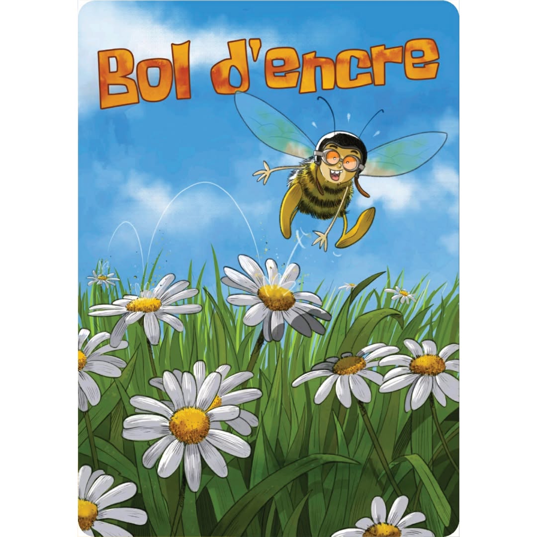 Ancienne couverture de Bol d’Encre : une abeille survole des marguerites sous le titre orangé.