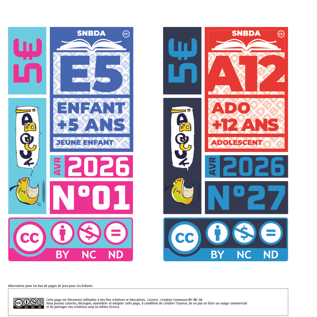 Deux cartouches éditoriaux avec classification E5 et A12, prix, identité AccaBD, date, numéro et licence.