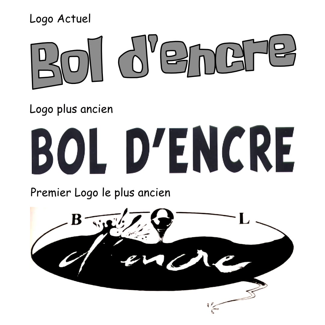 Anciens logos Bol d’Encre, de haut en bas : logo utilisé en 2024, lettrage intermédiaire évoquant Tintin et logo d’origine de l’association représentant l’encre dans un bol.
